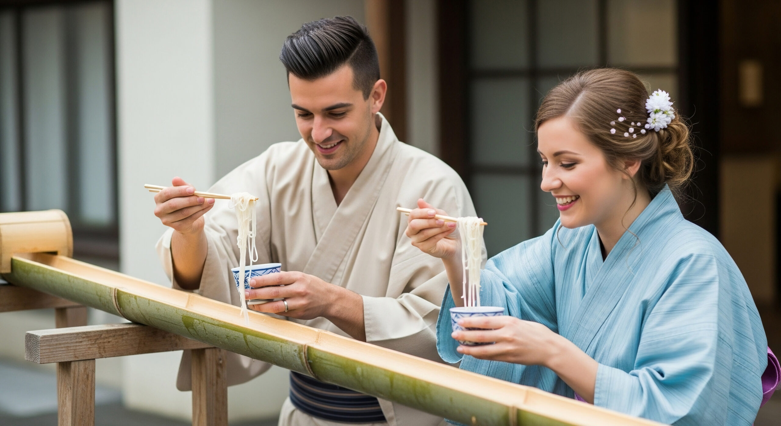 和風の庭園で流しそうめんを食べる男女。