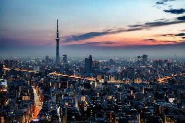 夕焼けの時間の東京スカイツリーと都市スカイライン。